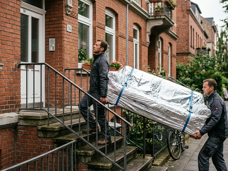 Umzugsteam trägt ein verpacktes Sofa in ein Wohnhaus in Hannover